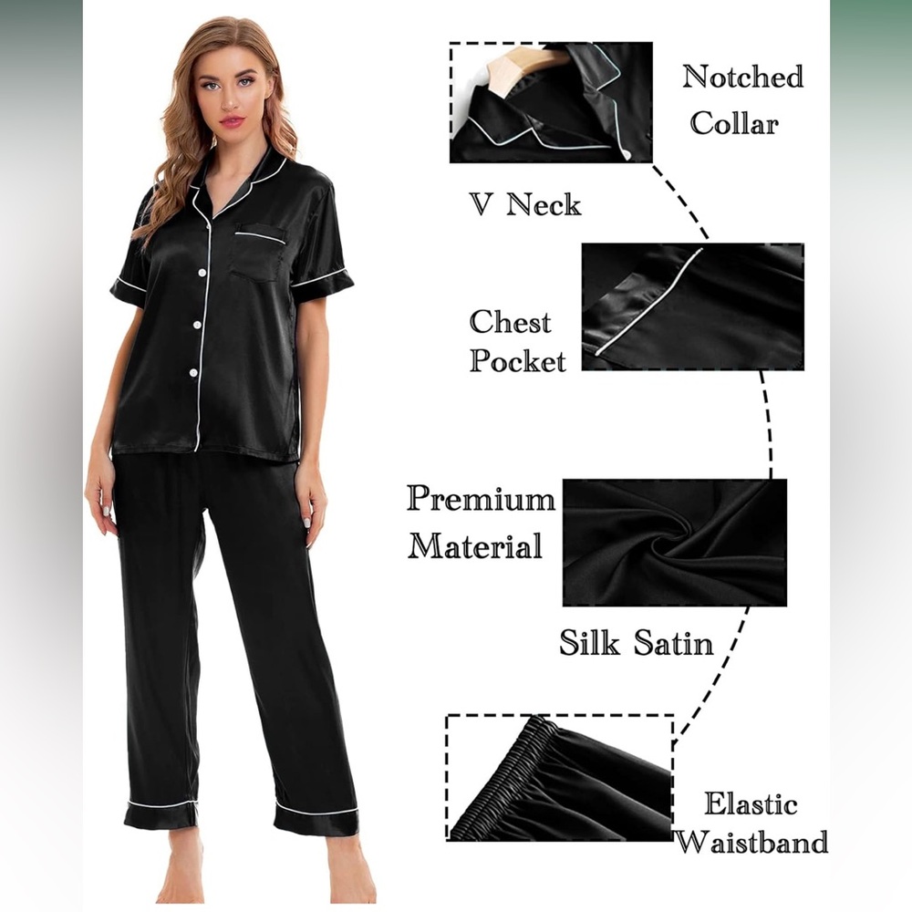 🏷️NWT Elegant Black Satin Sleepwear 4 Piece Set - Picture 2 of 4